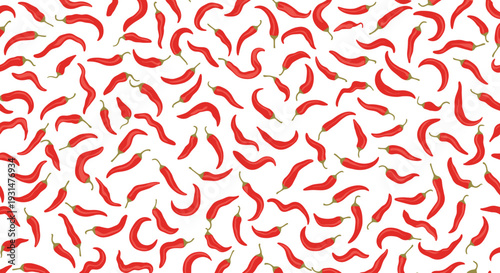 Red chili peppers scattered randomly on a white background creating a vibrant and spicy food-themed seamless pattern design.