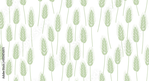 Seamless pattern of light green wheat ears or cereal stalks scattered across a white background for agriculture or nature themes.