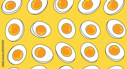 Hard-boiled egg halves with bright yellow yolks arranged in a repeating diagonal pattern over a solid vibrant yellow background.