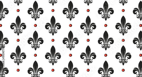 Classic fleur-de-lis pattern in black with red dots on a white background, creating a vintage heraldic design for fabric or paper.