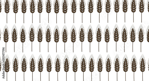 Repeating pattern of dark brown wheat ears or grain stalks arranged in rows on a white background for rustic or harvest themes.