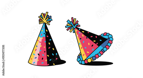 Two colorful party hats with pom-poms and confetti patterns, one standing upright and the other tilted, on a plain white background.