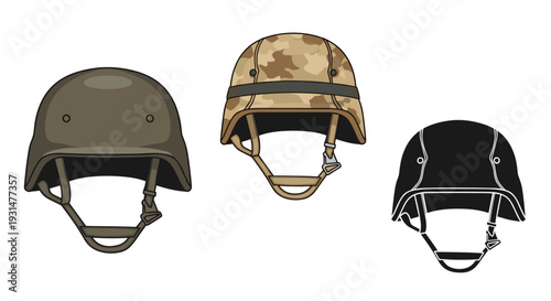 Three types of military helmets including a dark green tactical helmet, a camouflage covered helmet, and a black outlined version.