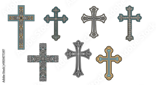 Group of seven ornate Christian crosses with intricate decorative patterns and various shapes in gold, blue, and silver colors.