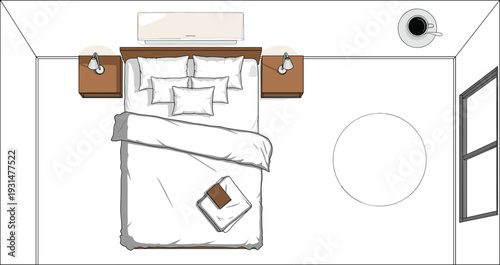 Top view bedroom interior layout, modern minimalist bed with nightstands air conditioner window and coffee cup vector illustration