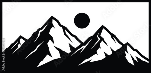 Mountain landscape silhouette vector, black and white nature illustration with sun in frame isolated on background