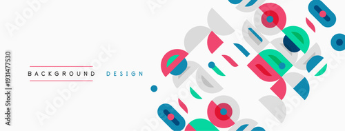 Abstract geometric shapes overlap, creating vibrant background. Colors include pink, blue, green, gray. Minimalist design feels modern, clean.