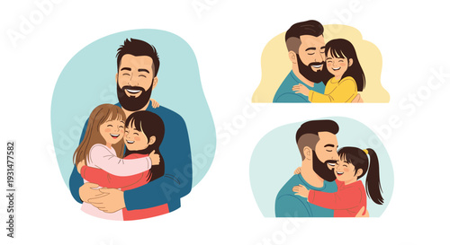 Father hugging his two young daughters shows a happy family bonding moment in a simple cartoon illustration style.