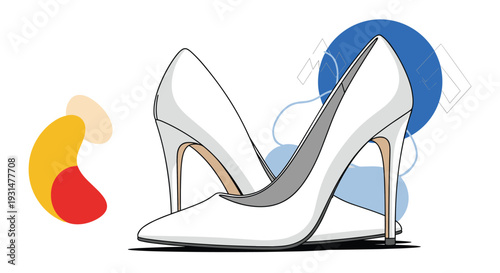Elegant pair of white high-heeled pumps shown with abstract colorful geometric shapes in the background.