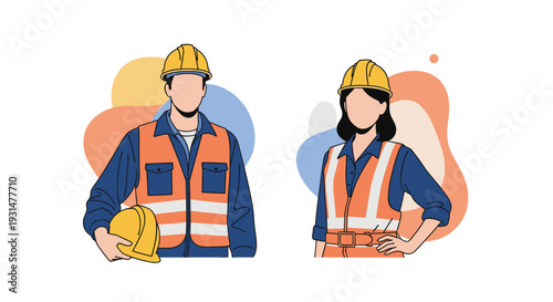 Portrait of a male and female construction worker wearing safety vests and hard hats in a flat design style.