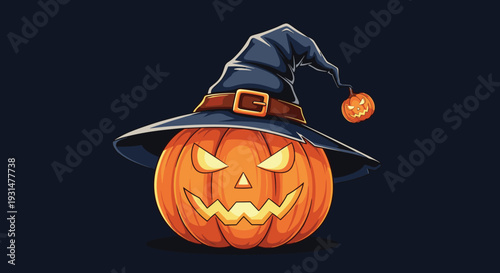 Spooky Halloween jack o lantern pumpkin with a carved face wearing a dark blue witch hat with a buckle.