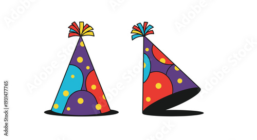 Two festive party hats with colorful polka dots and tassels used for birthdays and various celebrations.