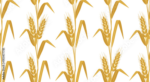 Seamless pattern of golden wheat stalks with full ears of grain representing harvest and organic farming.