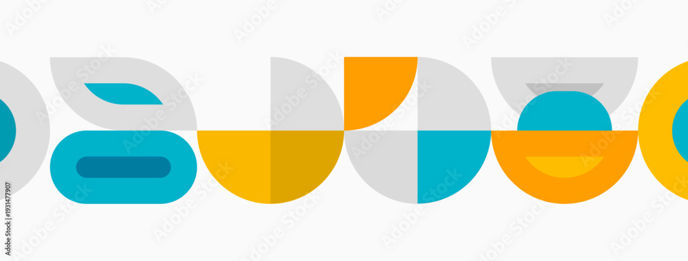 Fototapeta premium Abstract geometric shapes form colorful pattern. Circles, semicircles, rectangles create modern design. Simple, flat aesthetic.