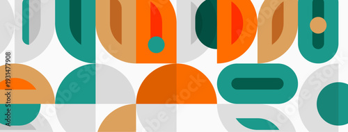 Abstract geometric shapes overlap, creating midcentury modern pattern. Colors include teal, orange, brown, gray. Simple design.