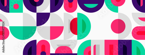 Abstract pattern features colorful overlapping semicircles, squares, dots. Modern design with vibrant hues creates playful texture.