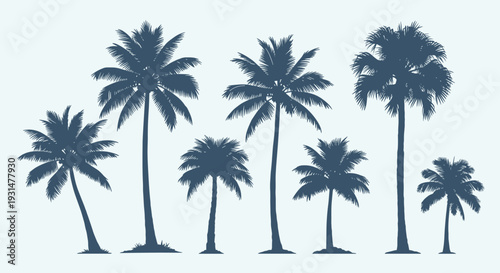 Silhouettes of several palm trees of different heights standing in a row against a light background.