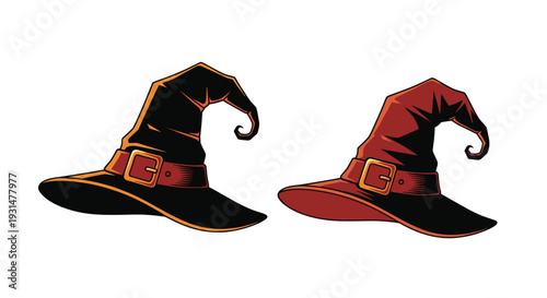 Two classic pointed witch hats with wide brims and buckled belts in dark and reddish brown colors.