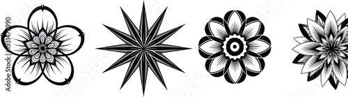 Black floral mandala vector set, decorative geometric flower and star ornaments isolated on white background illustration