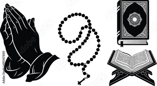Black and white of praying hands, prayer beads, and an open quran on a stand