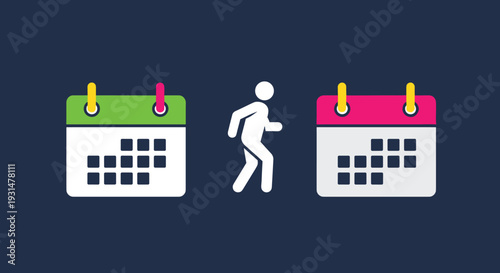 Simple icon of a person walking between two calendar pages representing travel or the passage of time.