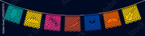 Mexican papel picado banner with traditional symbols cactus skull and guitar on dark background. Vector illustration