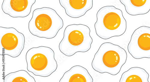 Seamless pattern featuring multiple sunny side up fried eggs with vibrant yellow yolks and white edges on a plain background.