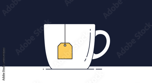 Simple illustration of a white ceramic mug with a yellow teabag tag hanging out against a dark blue and white background.