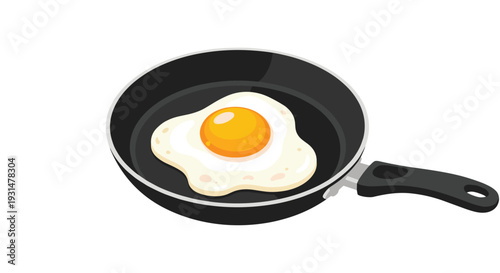 Delicious sunny side up fried egg cooking in a black non-stick frying pan viewed from a slightly elevated perspective.