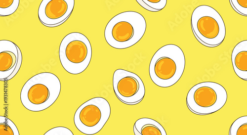 Cheerful repeating pattern of sliced hard-boiled eggs with bright yellow yolks and white whites on a solid yellow background.
