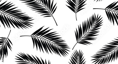Elegant black and white seamless pattern featuring hand-drawn palm leaves scattered across a plain white background for tropical vibes.