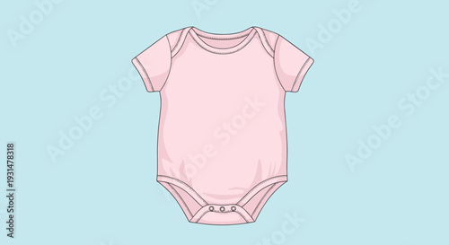 Cute pink short-sleeved baby onesie or bodysuit with snap buttons at the bottom on a light blue background for infants.