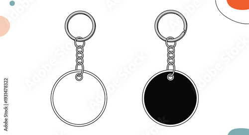 Mockup of two circular metal keychains with one white face and one black face on a decorative pastel circle background.