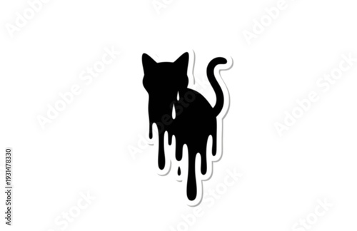 Funny Melting Cat Silhouette Sticker, Surreal Liquid Cat Vector Graphic, Black Minimalist Animal Humor Decal