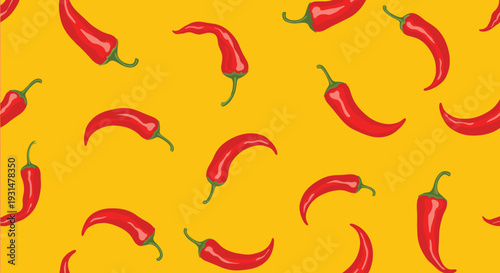Spicy seamless pattern of vibrant red chili peppers scattered across a bright yellow background for food and cooking themes.