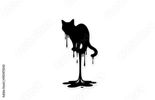Funny Melting Cat Silhouette Sticker, Surreal Liquid Cat Vector Graphic, Black Minimalist Animal Humor Decal