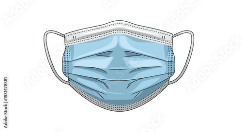 Detailed illustration of a light blue three-ply medical face mask with ear loops for protection against airborne particles and germs.
