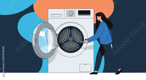 Illustration of a woman in a blue shirt and dark pants putting clothes into a white front-loading washing machine.