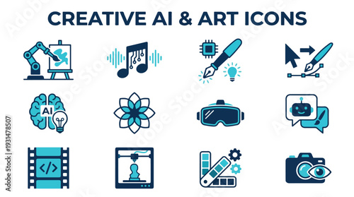 Flat vector icon set sheet featuring Creative AI & Art, including specific icons: robot painting, music generation note, writing pen with chip, design tool cursor
