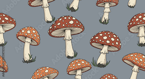 Seamless repeating pattern of fly agaric mushrooms with red caps and white spots growing from small patches of grass on a gray background.