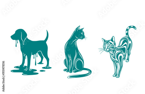 Funny Melting pet Silhouette Sticker, Surreal Liquid pet Vector Graphic, Black Minimalist Animal Humor Decal
