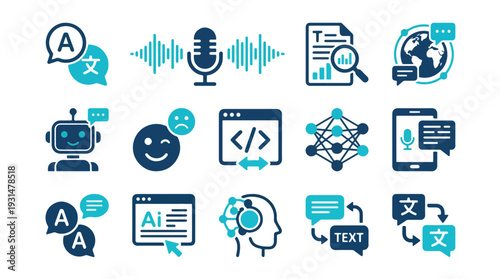 Flat vector icon set sheet featuring Communication & NLP, including specific icons: translation symbol, voice wave, text analysis document, language globe