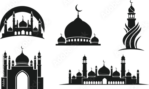 Black and white silhouettes of various islamic architectural landmarks and symbols including mosque domes and minarets