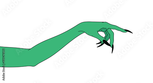 Reaching green hand with long sharp black fingernails in a creepy or mystical gesture against a plain white background.
