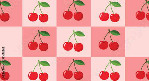 Sweet seamless pattern of pairs of red cherries with green leaves on a pink and light pink checkered grid background.