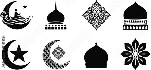 Collection of black and white islamic symbols including crescent moons stars domes and geometric patterns