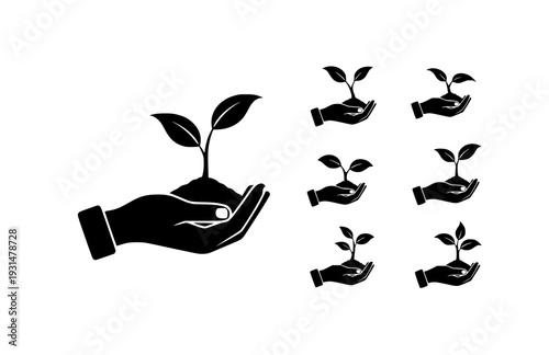 Hands Holding Plant Seedling Silhouette, Ecology and Environmental Protection Sticker, Black Vector Nature Icon