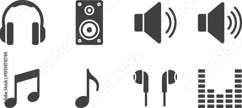 Audio icon set. Music sound symbols. Headphones, speaker, volume, musical note, earphones, equalizer. Solid glyph collection for web app UI. Vector graphic illustration