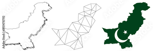 Pakistan Map three styles with Polygonal mesh with black outline Solid map and National Flag map