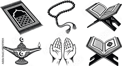Islamic religious symbols including prayer mat prayer beads quran and hands in prayer religion